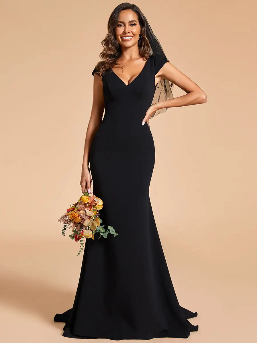 Elegant Wedding Dresses Cap Sleeve Deep V-Neck Backless Ever Pretty 2024 of Mermaid A-line Fishtail White Dresses Black