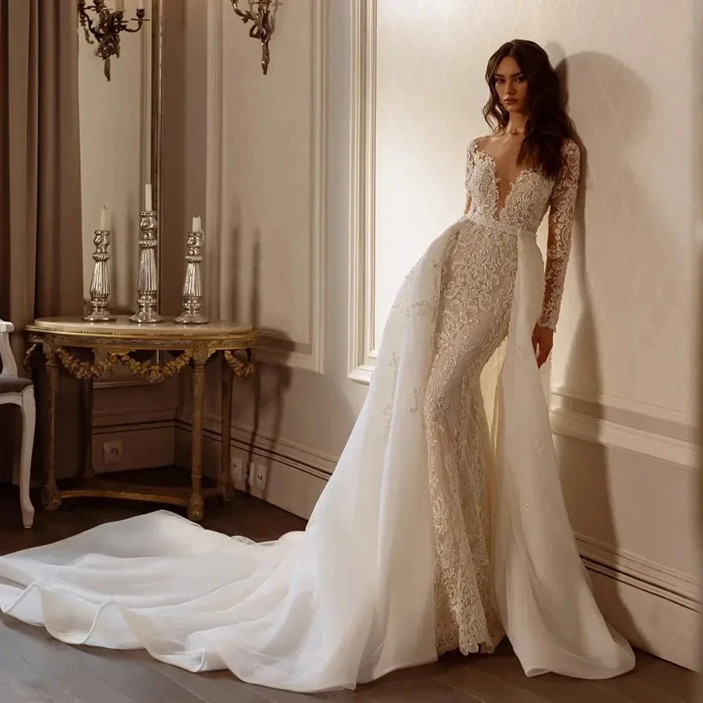Graceful mermaid scalloped neck long sleeve embroidery detachable train wedding dress bridal gown