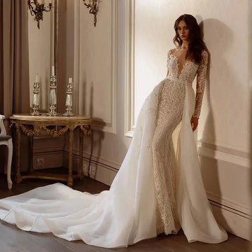 Graceful mermaid scalloped neck long sleeve embroidery detachable train wedding dress bridal gown