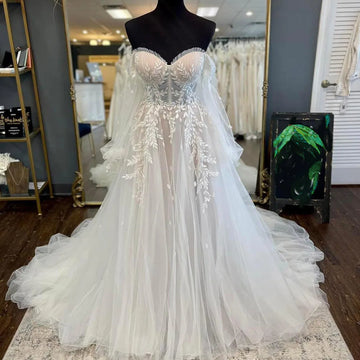 Elegant Off The Shoulder Sweetheart Lace Applique A Line Wedding Dresses Sweep Train Custom Made 2024 Rode De Morrrie