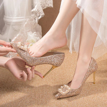 Plus Size 43 Gold Glitter Wedding Shoes Women New Pearl Square Buckle Low Heels Pumps Woman Pointed Toe Ladies Party Shoes