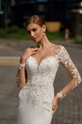 Long sleeve V-neck lace button mermaid beach sweep train wedding dress side view