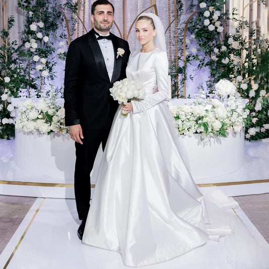 Lustrous Satin Muslim Round Neck Wedding Dress Long Sleeves Closed Back Buttons Customized Simple Puffy Cathedral Bridal Gown