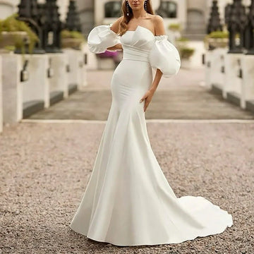 Mermaid Wedding Dresses Women Off Shoulder Puff Sleeve Satin Wedding Gown Buttons Bridal Dress Bride Gown Customized