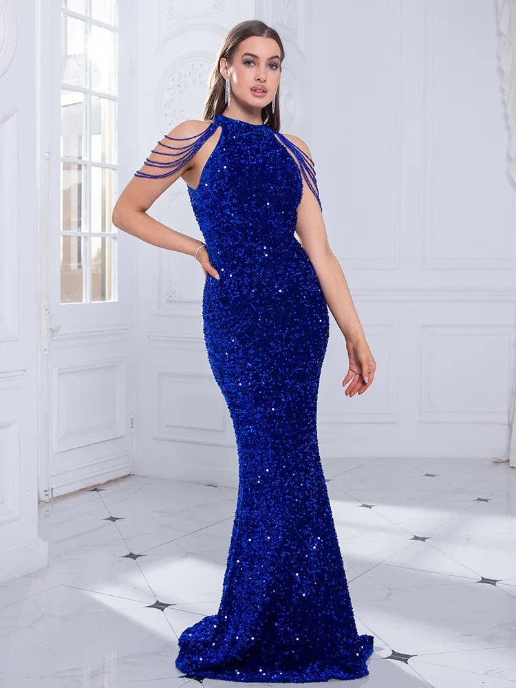 O-neck stretch floor length off shoulder beading sequin halter evening night dress detail
