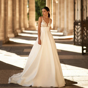 Lace Satin Wedding Dresses Customized Sexy Backless V-Neck A-Line Women Bridal Dresses Customized Vestidos de Novia