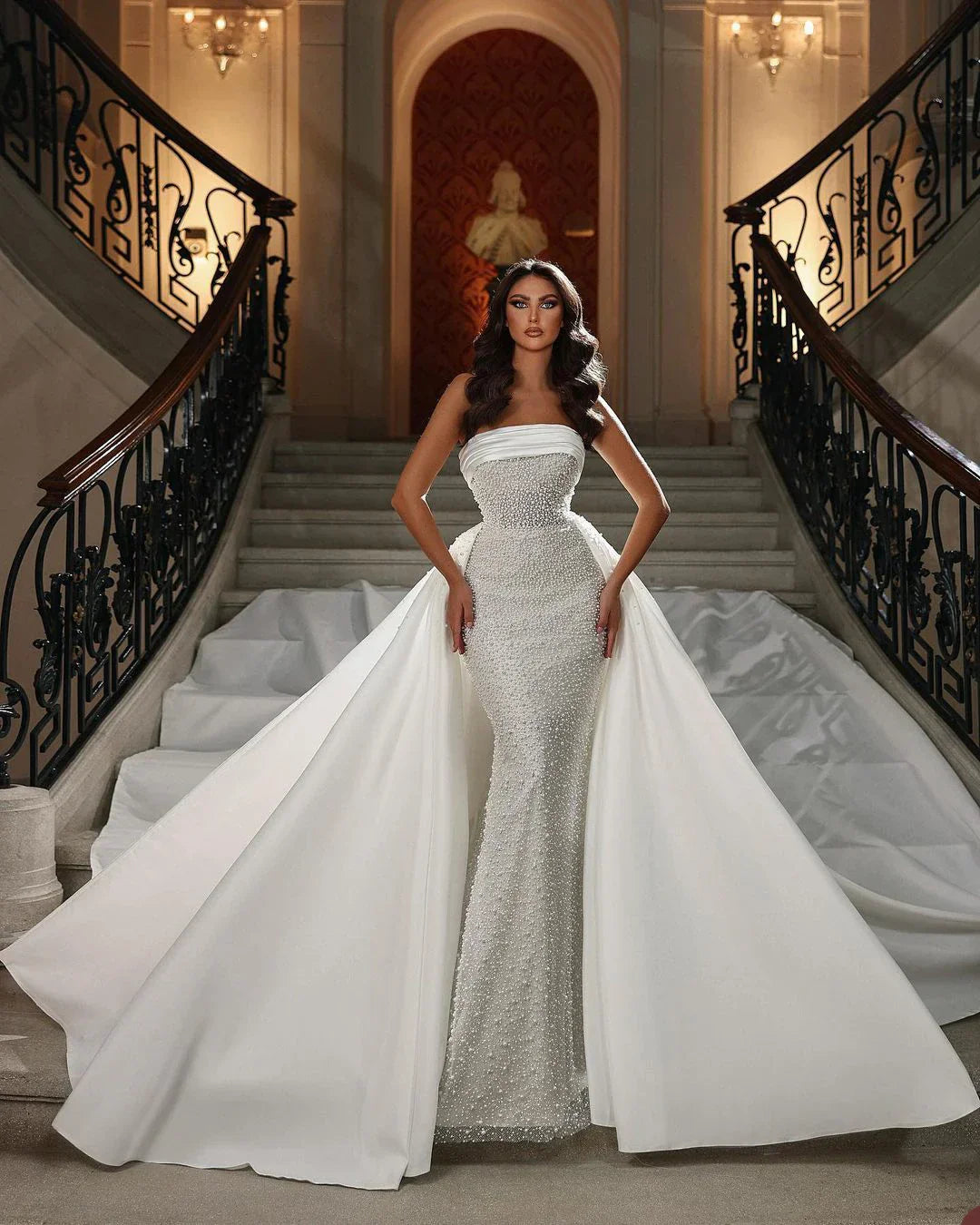 Aso Ebi mermaid wedding dress detachable train strapless pearls church bride bridal gown