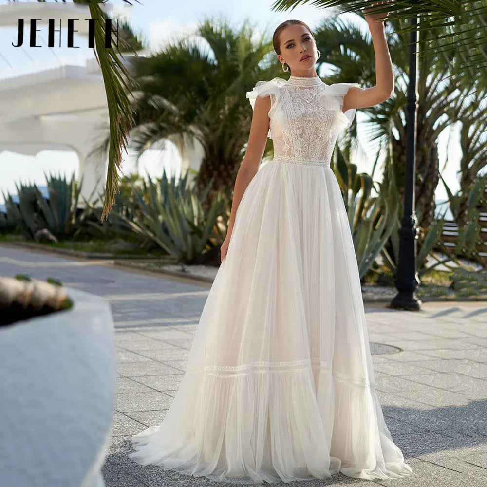 JEHETH Boho High Neck Sleeveless Wedding Dresses Elegant Lace Appliques Bridal Gowns A Line Vestidos De Novia Custom Made