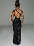 Shiny one shoulder high split backless charming elegant bodycon evening party club dress side view
