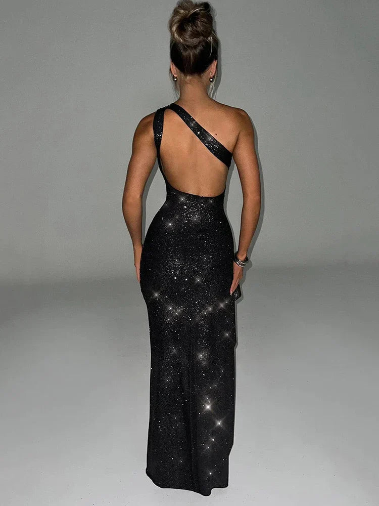 Shiny one shoulder high split backless charming elegant bodycon evening party club dress side view