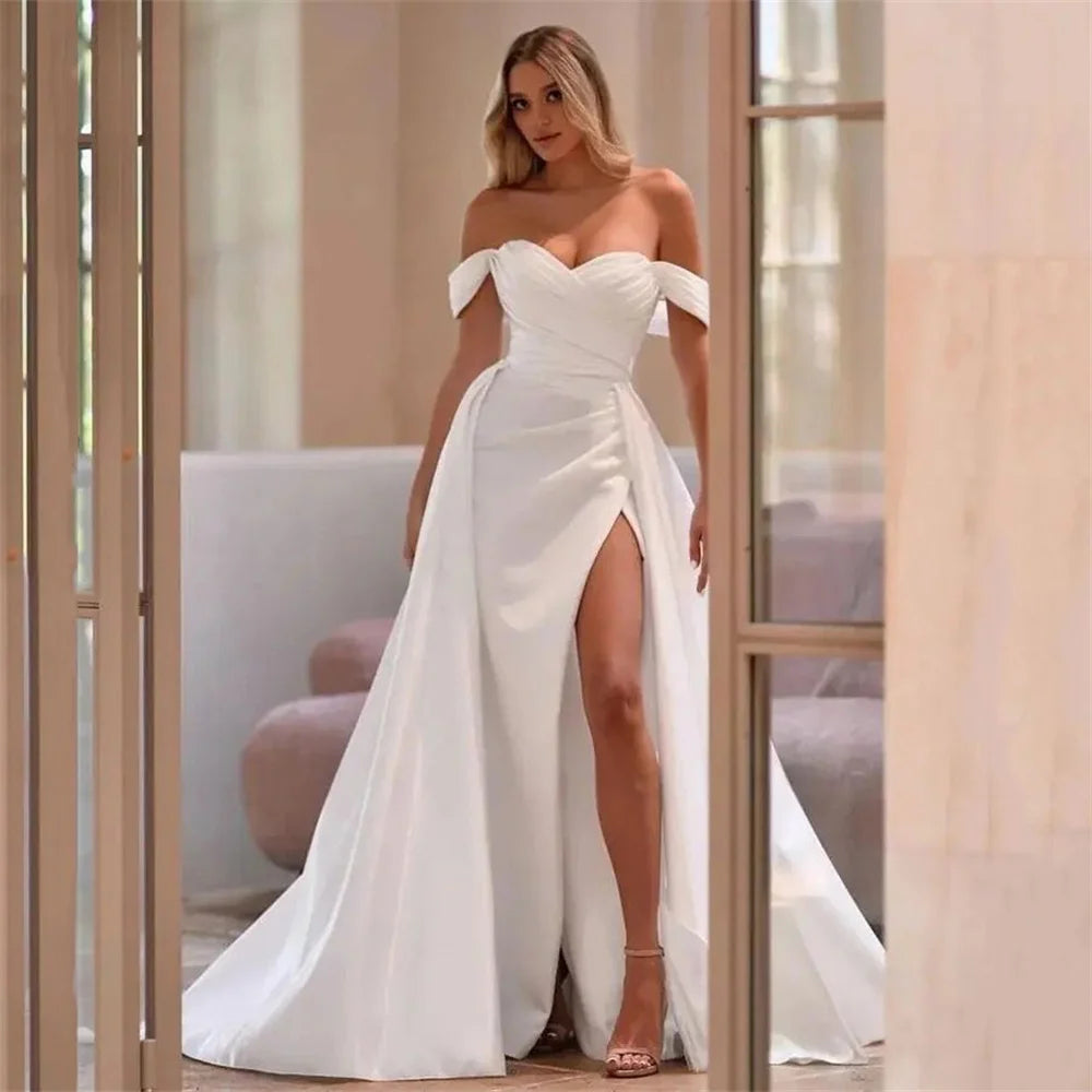 Sexy Two Pieces Wedding Dresses Detachable Train Bride Dress 2025 Satin off Shoulder Overskirt High Split Wedding Gowns Lace Up