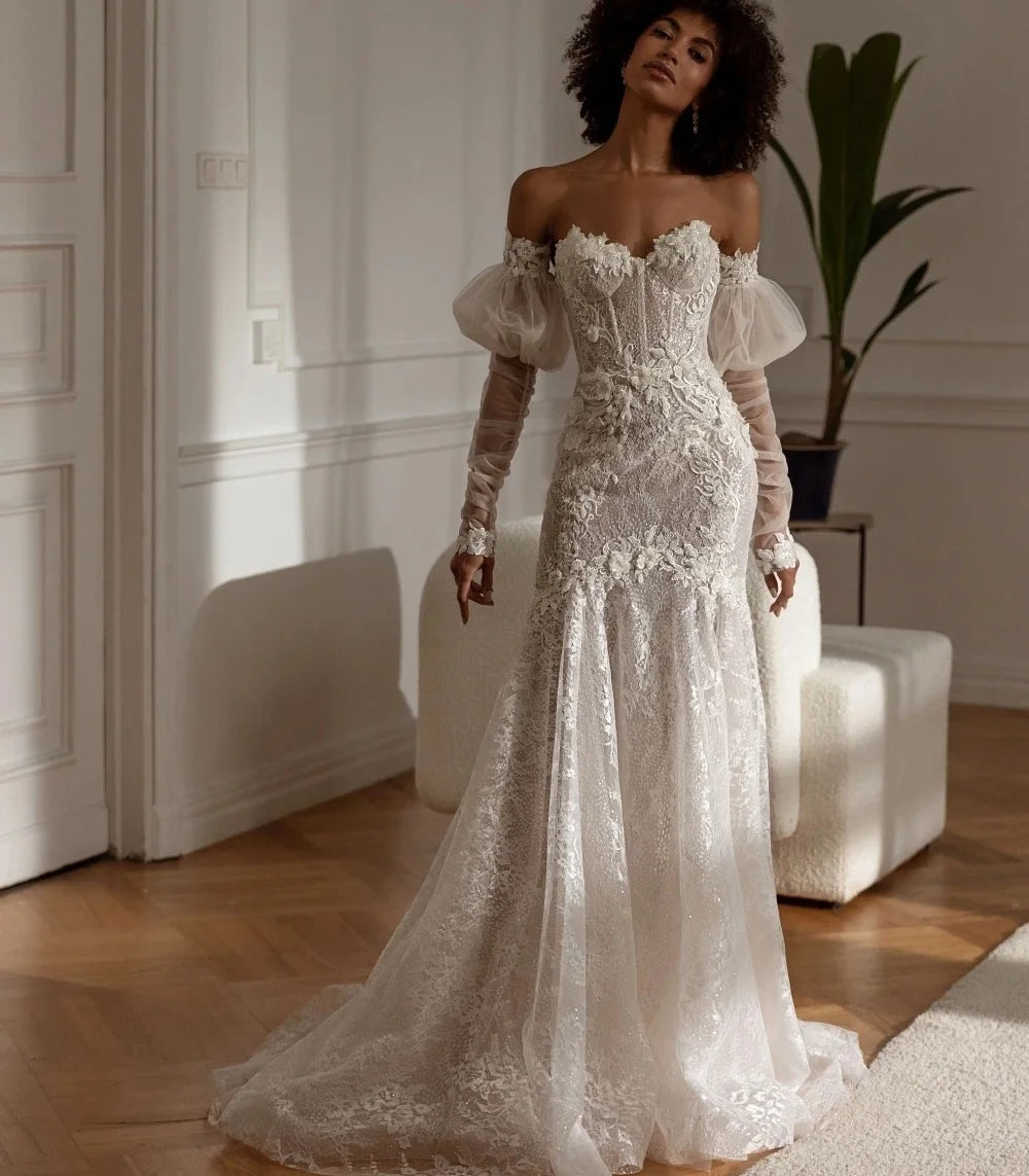 New V-Neck Long Sleeve Mermaid Lace Wedding Dress Customized