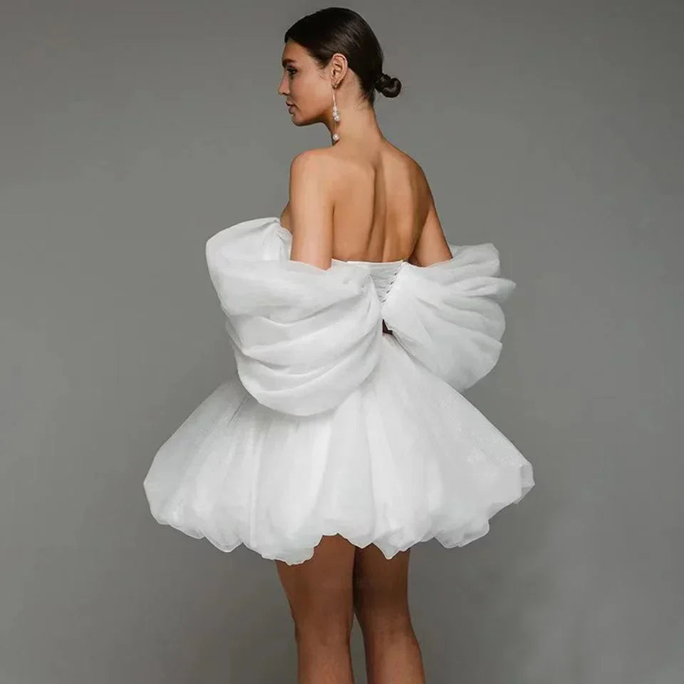 MANRAY Sexy Deep V-Neck Off The Shoulder Prom Dresses White Mini Evening Dress Elegant Organza Women Engagement Party Gowns