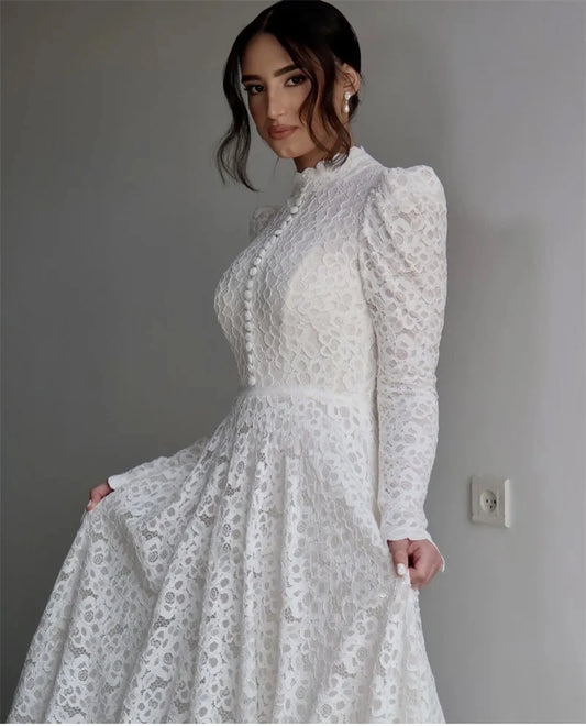 Haohao 2024 Modest High Neck Full Lace A Line Wedding Dresses Long Sleeves High Neck Buttons Country Church Vintage Bridal Gowns