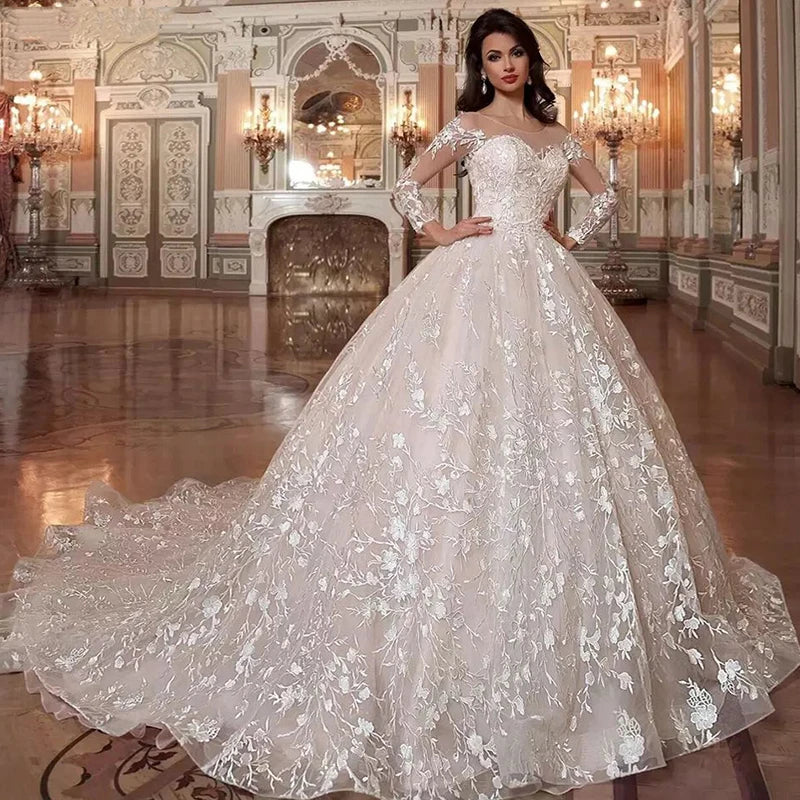Luxury white lace applique illusion crystal beads elegant high-end women's wedding dress bridal gown