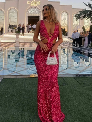 Women Luxury Sexy V Neck Cut Out Red Sequins Maxi Long Gowns Dress Elegant Evening Party Club Dress Vestido