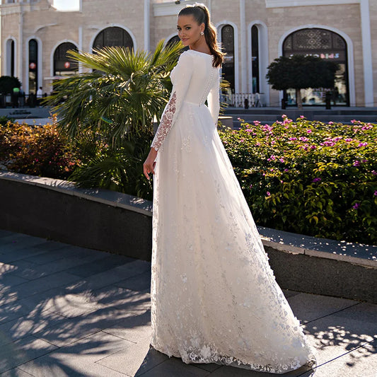 Elegant O-Neck Lace Long Sleeve Wedding Dresses Button Back Satin And Tulle Appliques Bridal Gown Civil Vestidos De Noiva