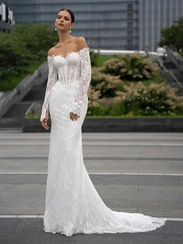 Lace Applique Mermaid Wedding Dresses for Bride Off Shoulder Long Sleeves Outdoor Beach Princess Wedding Gowns Dress