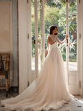 Sparkly sequins pearls square neck classic A-line long sleeve elegant wedding dress bridal gown back view