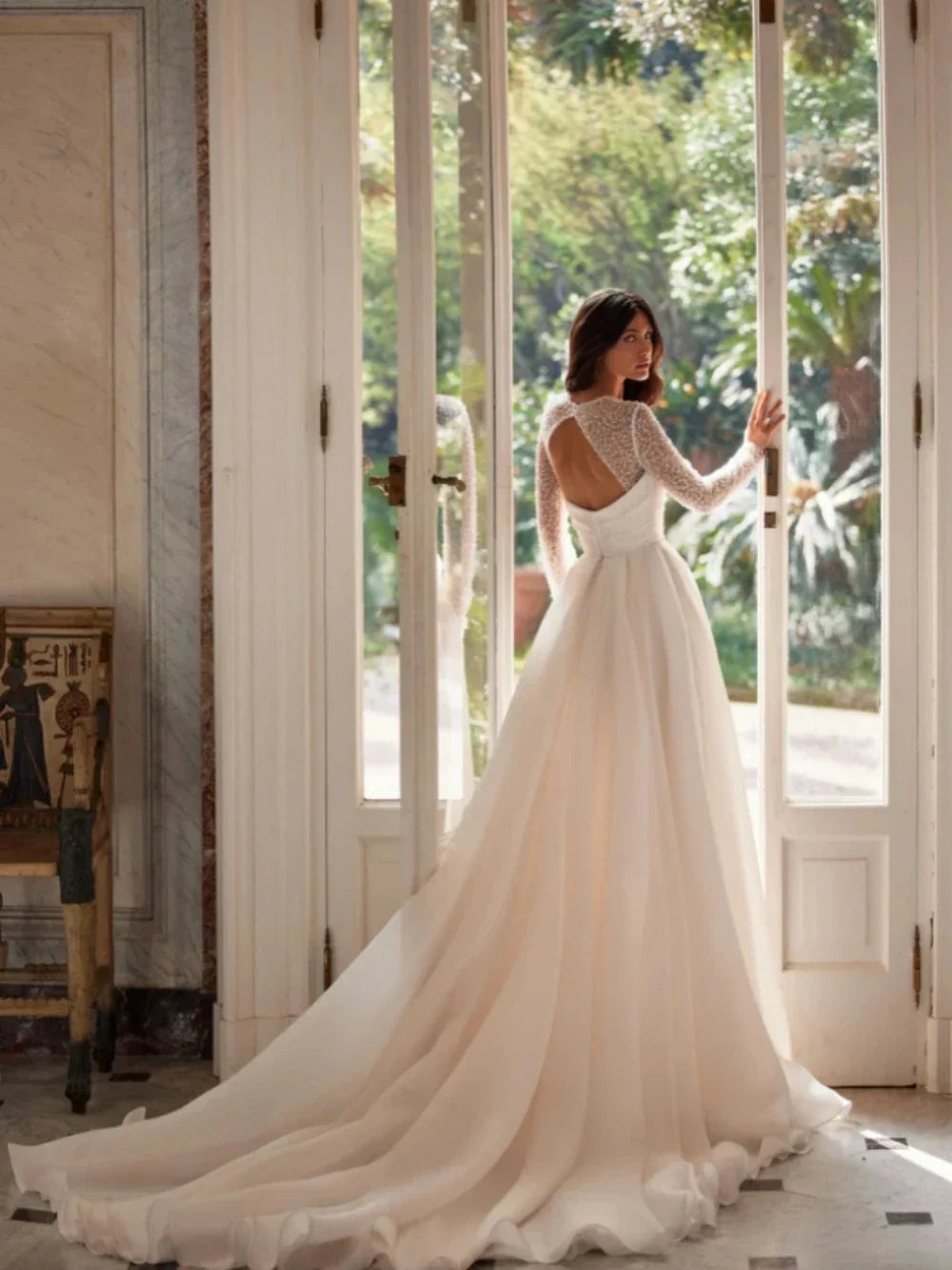 Sparkly sequins pearls square neck classic A-line long sleeve elegant wedding dress bridal gown back view