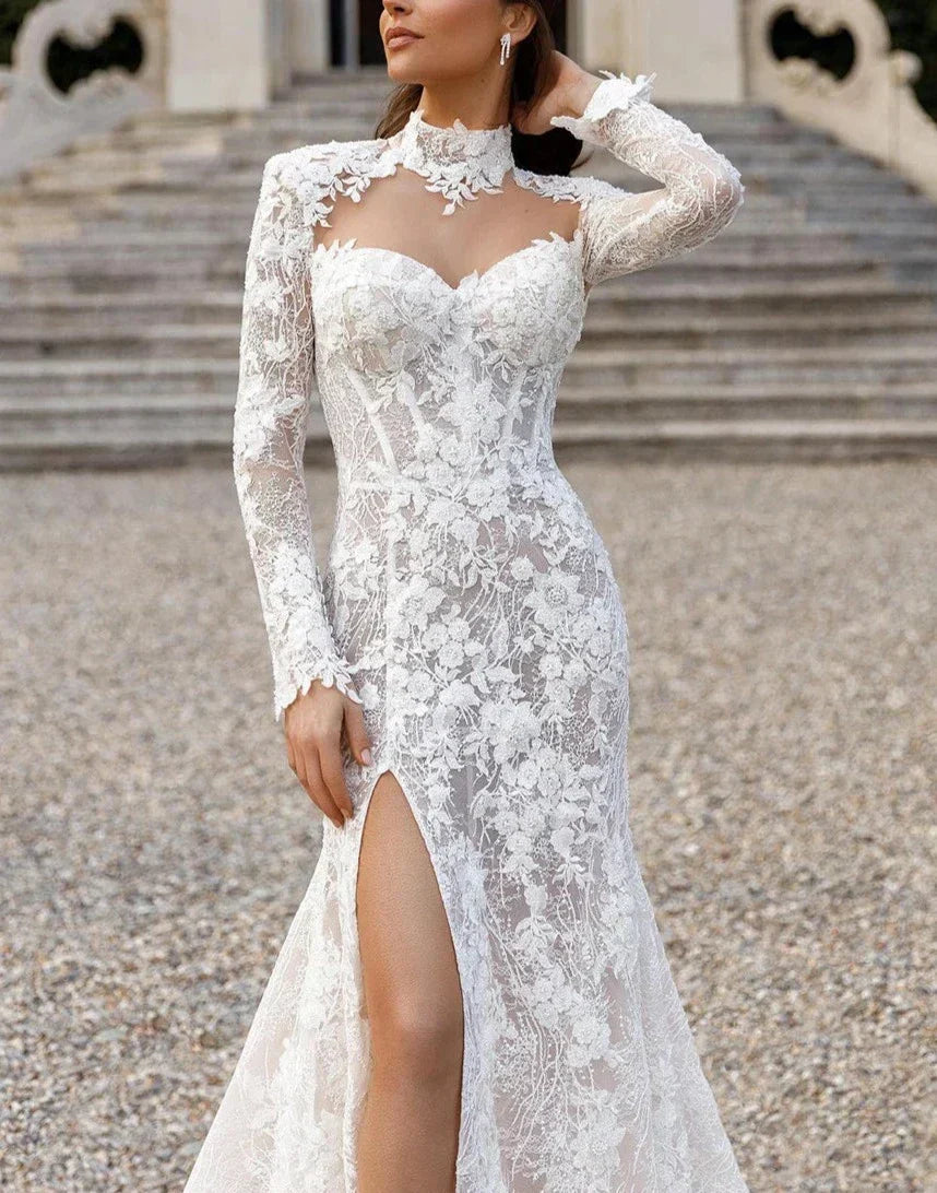 Romantic high neck open back mermaid long sleeve lace high split bridal gown front view