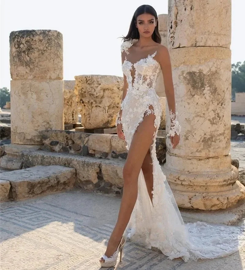 Customize Summer Sexy High Split Backless Lace Wedding Dress Floor-Length Sweetheart Applique Boho Mermaid Bride Gowns