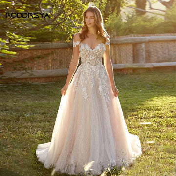 Strapless off-shoulder A-line lace modest custom wedding dress size chart
