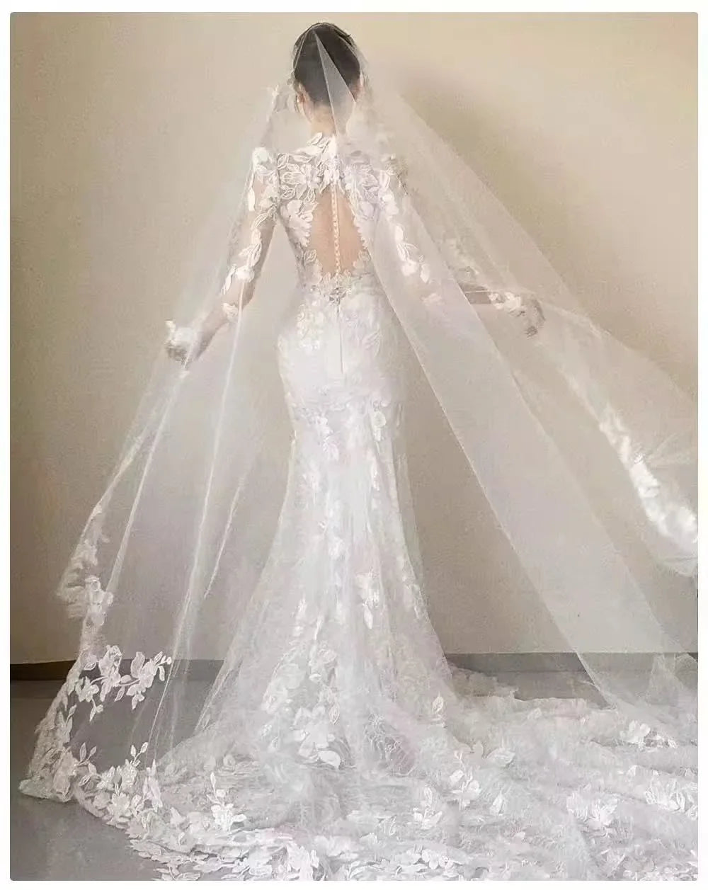 Lace appliques mermaid wedding dress long sleeves V-neck backless bridal gown wedding party