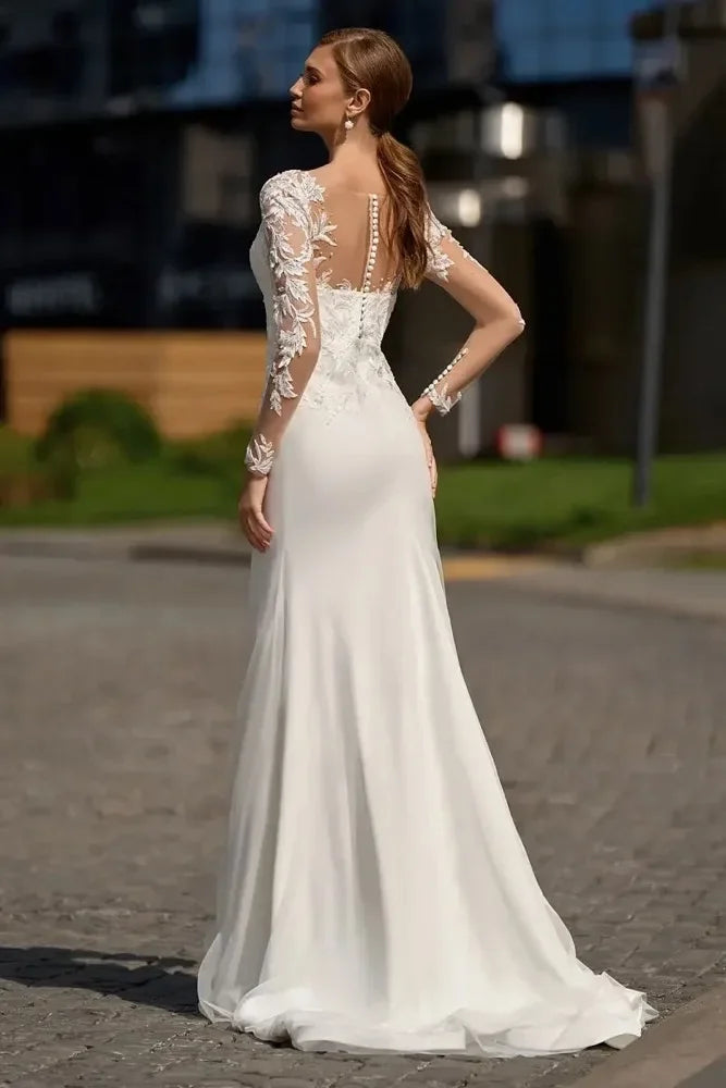 Beach lace mermaid wedding dress long sleeve sweep train sheer neck bridal gown 2025