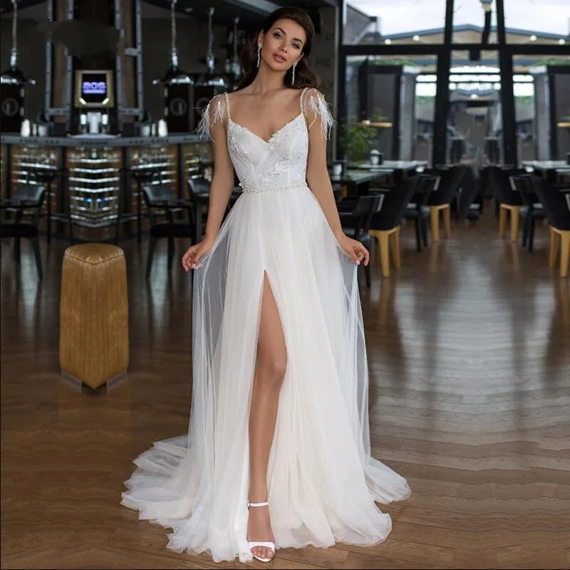 A-line spaghetti straps V-neck tulle beach backless bridal gown size chart