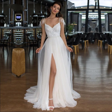 A-line spaghetti straps V-neck tulle beach backless bridal gown size chart