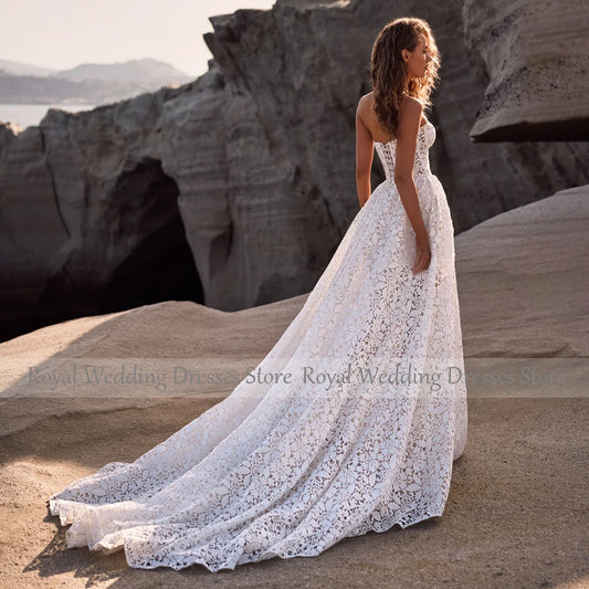 Exquisite Wedding Dress 2023 Strapless A Line Open Back Summer Wedding Gowns for Women Ivory Lace Pockets Luxury Robe De Mariée