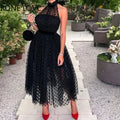Halter polka dot solid sleeveless A-line midi sexy party black dress women ivory