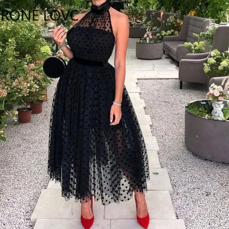 Halter polka dot solid sleeveless A-line midi sexy party black dress women ivory