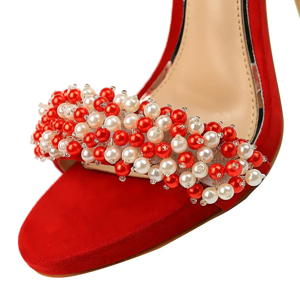 11cm platform bridal crystal rhinestone pearl high heels luxury ankle strap wedding women sandals side view