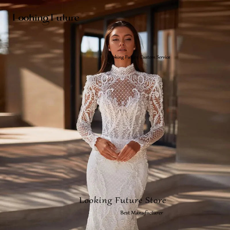 Exquisite White Wedding Dress Sexy Mermaid Backless Button Pleat Lace Appliques Bridal Gown High Neck Long Sleeves Sweep Train