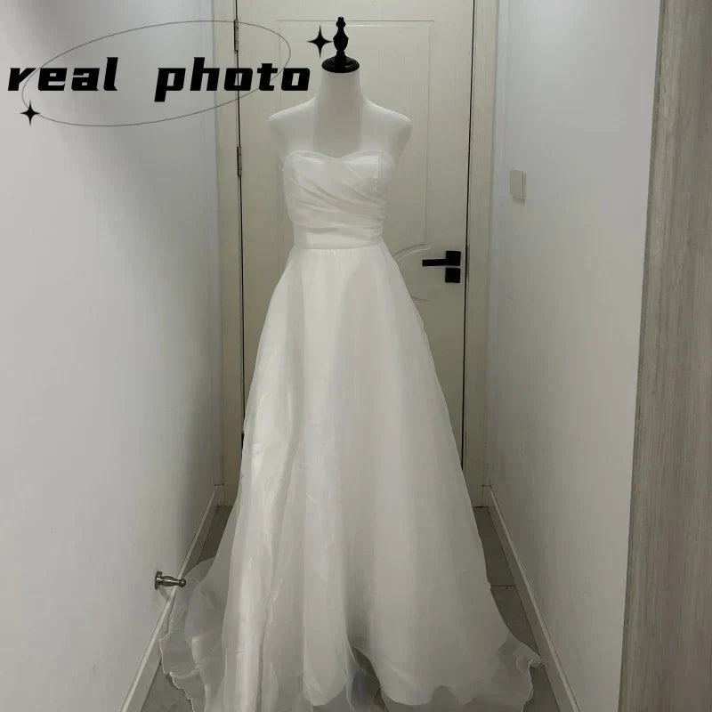 Fashion Sexy Strapless Wedding Dress Elegant A-line Sleeveless Vestido De Noiva Classic Lace Up Small Train Robe De Mariee