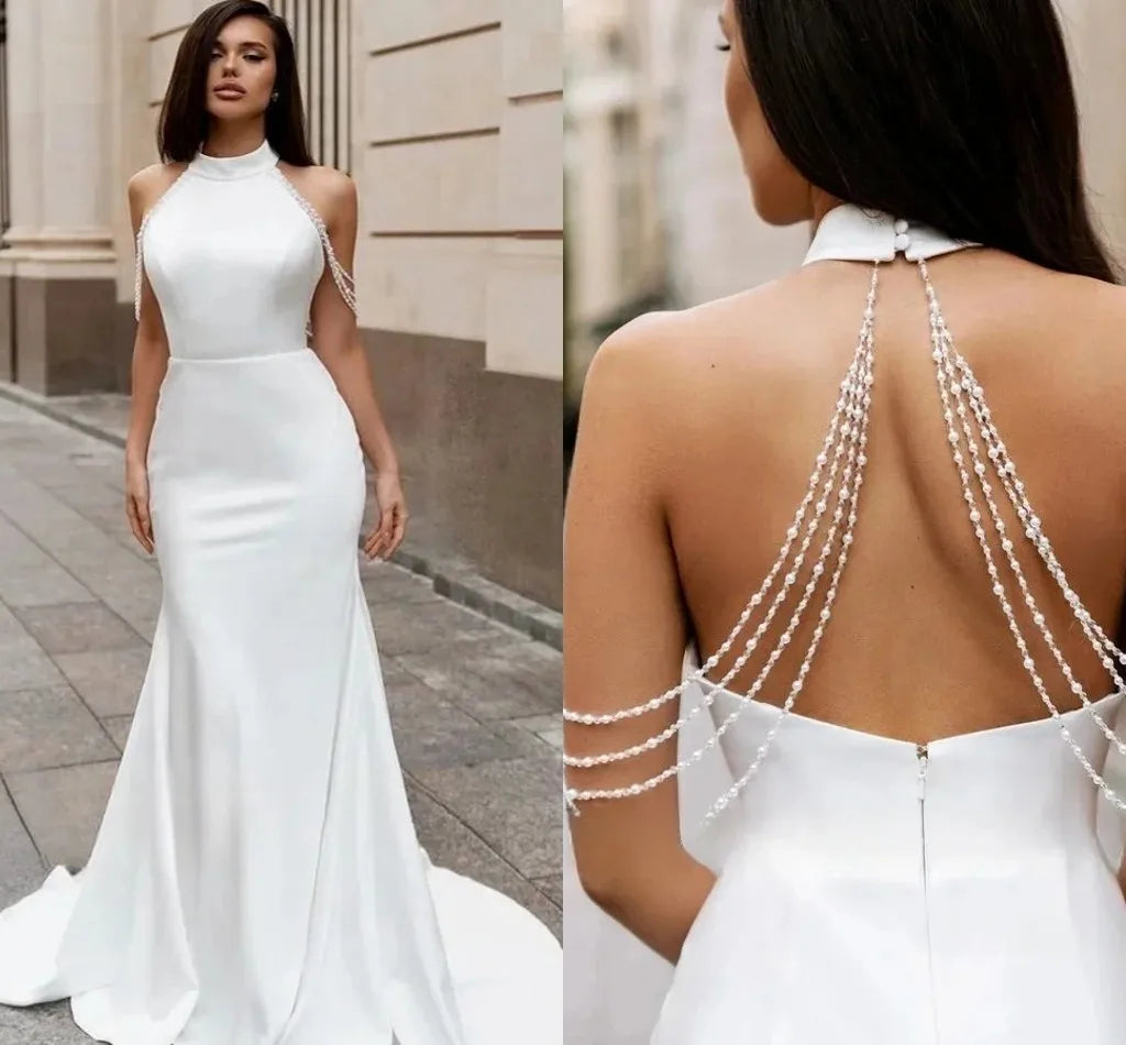 Elegant halter sleeveless beading mermaid open back satin wedding dress bridal gown
