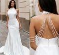 Elegant halter sleeveless beading mermaid open back satin woman bride wedding bridal gown