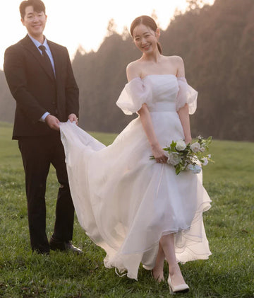 Off-the-shoulder civil organza short sleeves custom made ivory wedding dress bride bridal gown