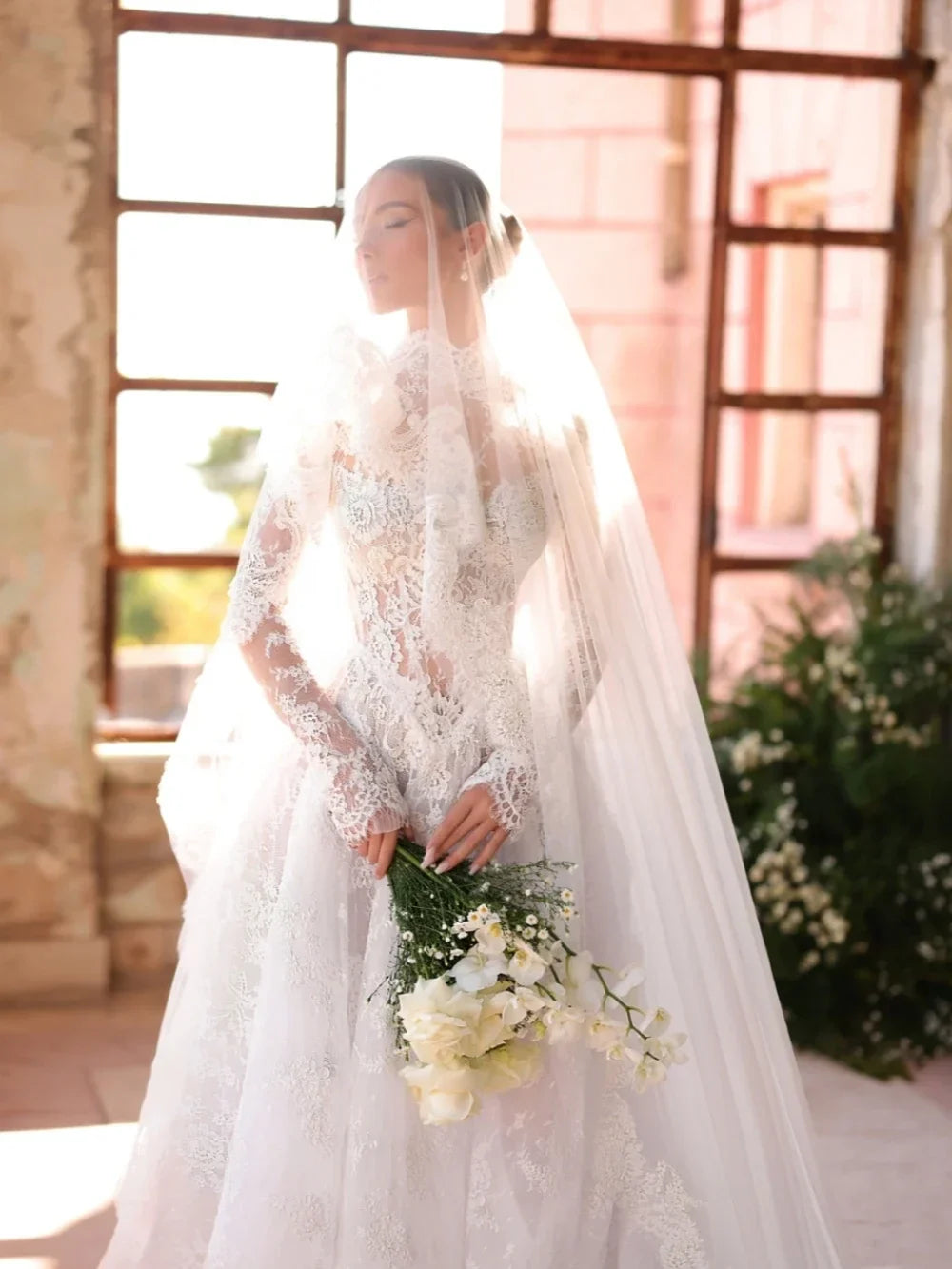 Flavinke Customized Elegant High Collar A-line Lace Wedding Dresses Long Sleeve White Bridal Gown For Bride vestidos de novia