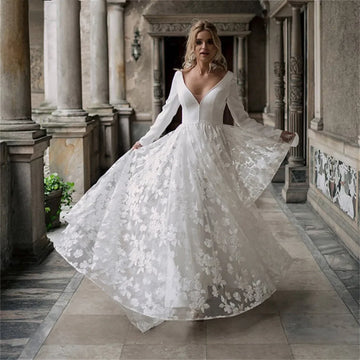 Flavinke Customized Satin A Line Wedding Dresses For Women V Neck Full Sleeve Bride Dresses Lace Bridal Gown Vestidos De Noiva