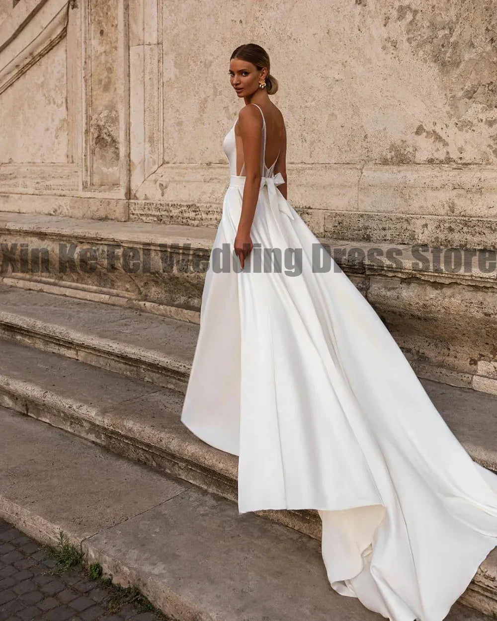 Off-shoulder sleeveless backless V-neck satin sexy boho beach A-line gorgeous wedding dress bridal gown ivory