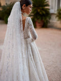 Sparkly pearls glitter classic O-neck long sleeve elegant A-line wedding dress bridal gown back view