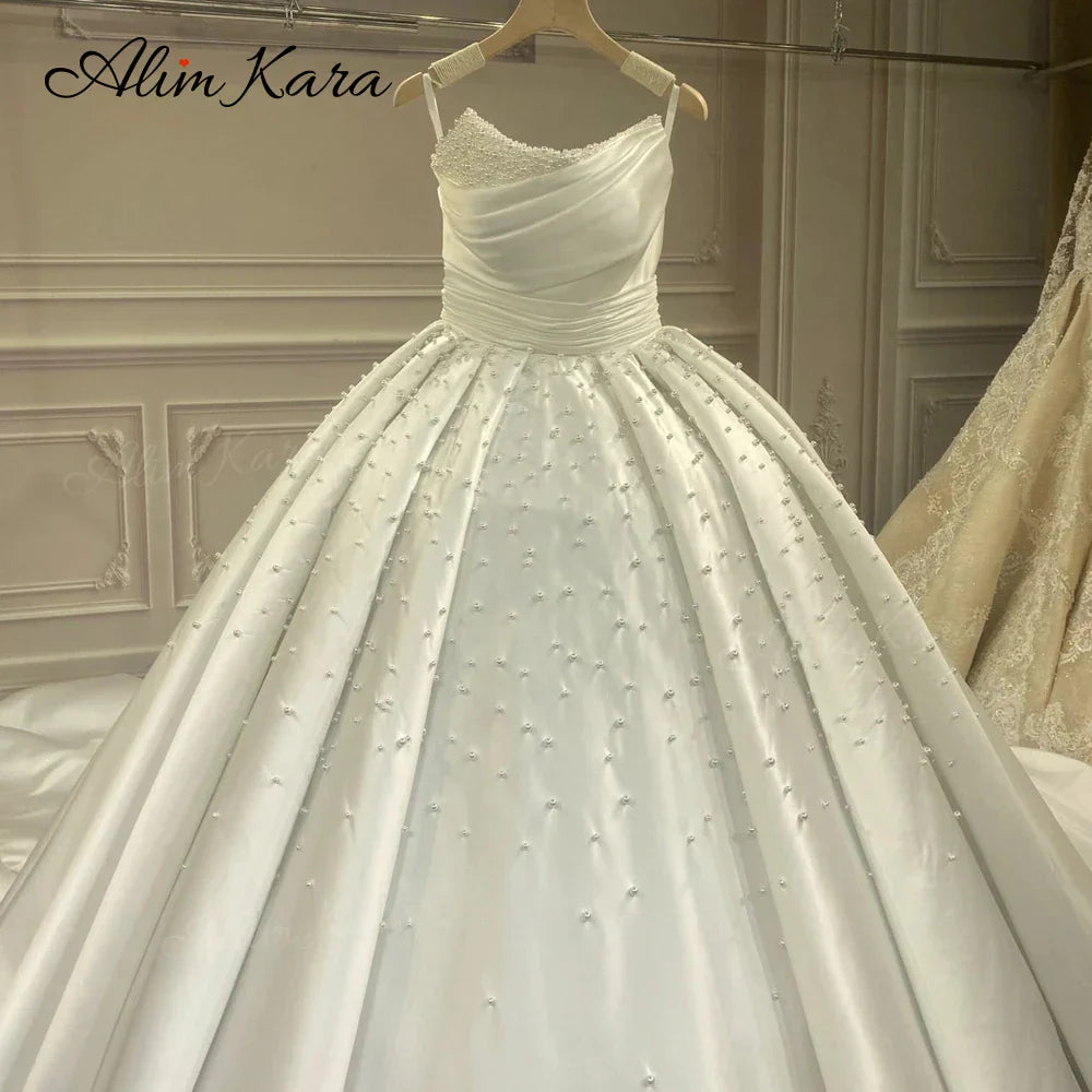 Ball Gown Wedding Dress Gorgeous Pearls Sleeveless Chapel Train Bridal Princess XZ41