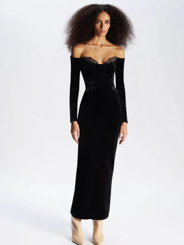 Sexy off-shoulder lace patchwork black velvet long sleeves bodycon elegant evening party dress