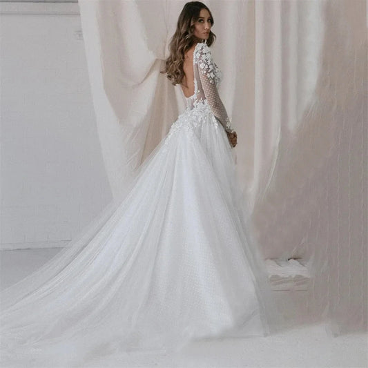 Sexy Mermaid Wedding Dresses Lace Flower Ball Gowns Long Sleeve Backless Buttons Sweetheart Court Train Formal Beach Party Gala