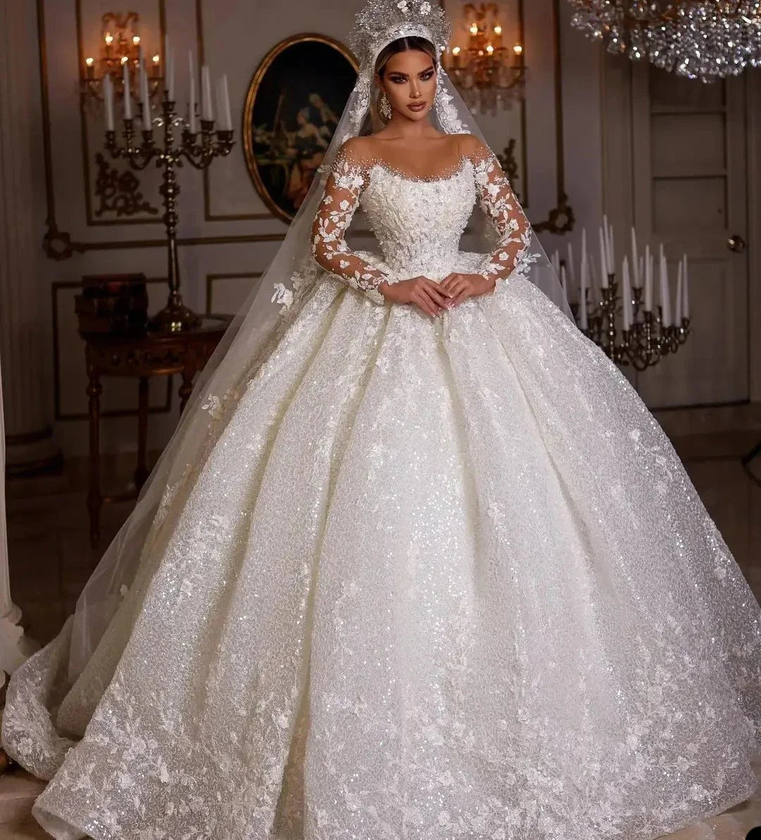 Vintage beaded tulle long sleeve wedding dress – front view – Snowy Bridal
