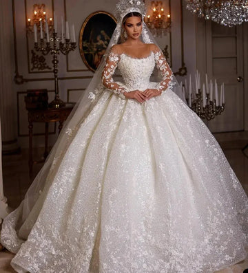 Vintage beaded tulle long sleeve wedding dress – front view – Snowy Bridal