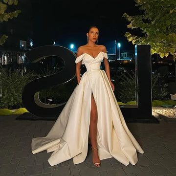 Simple A-line PROM dress new sexy off-the-shoulder V-neck side high slit long elegant formal bridesmaid wedding dress